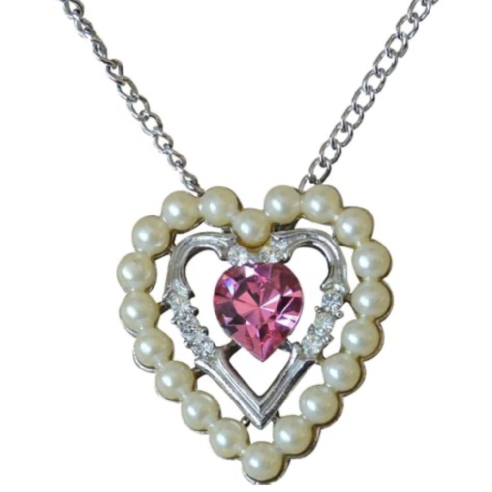 70s Avon Dear Heart Pink Gemstone, Pearls & Rhinestones Silver W Chain Necklace